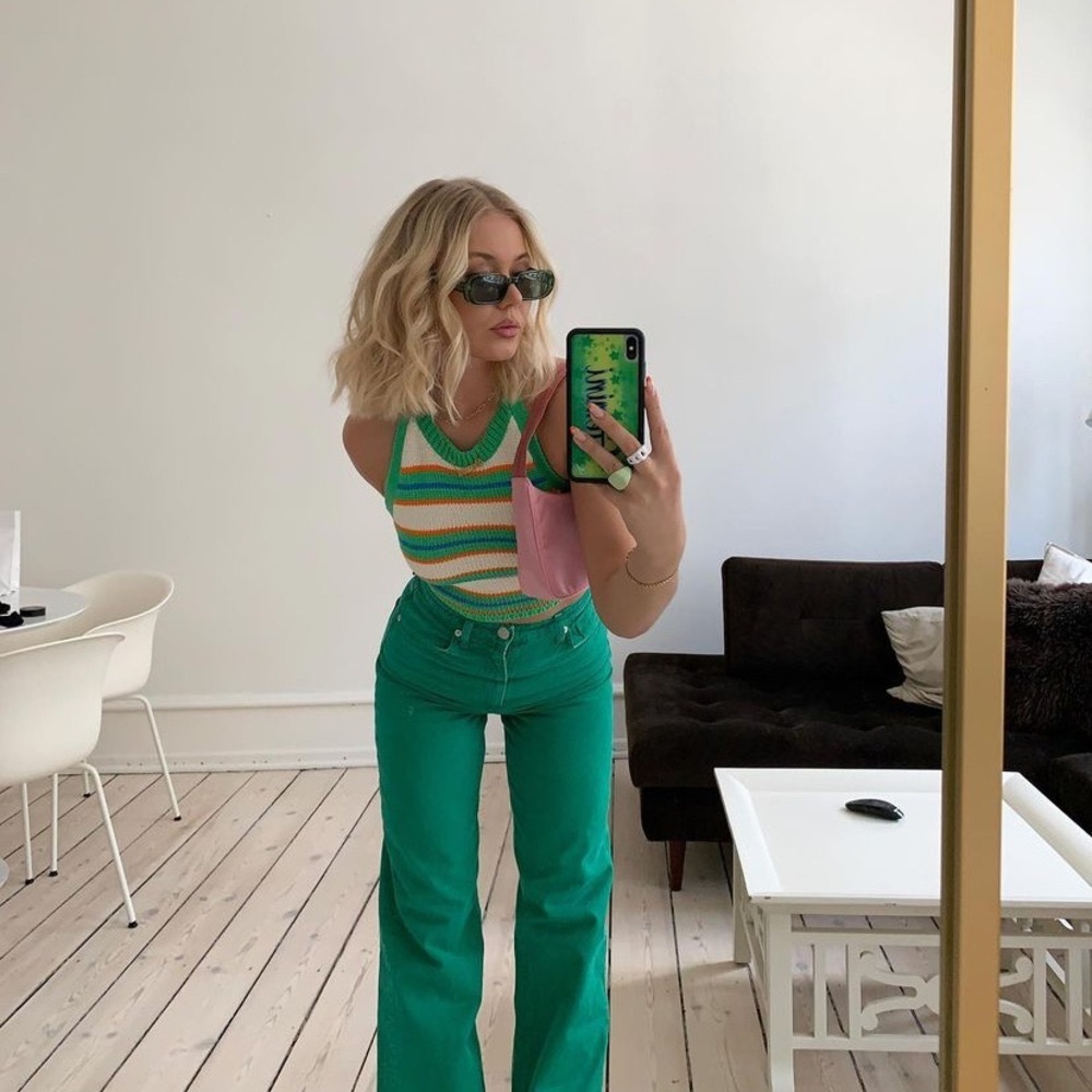 Zara Green Orange White Crochet Halter Crop Top L